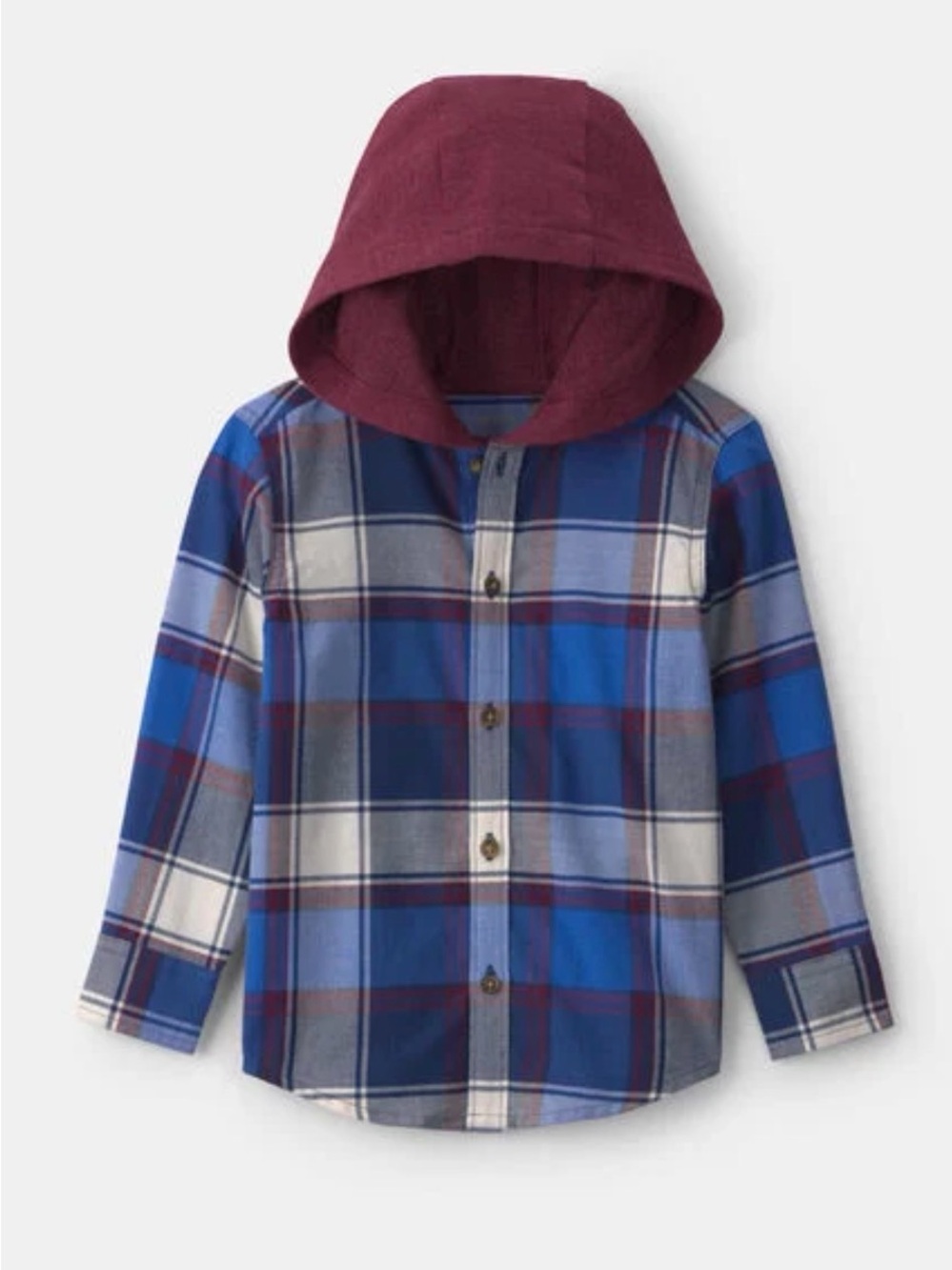 Kids Plaid Hooded Button-Up Shirt in Blue and Burgundy